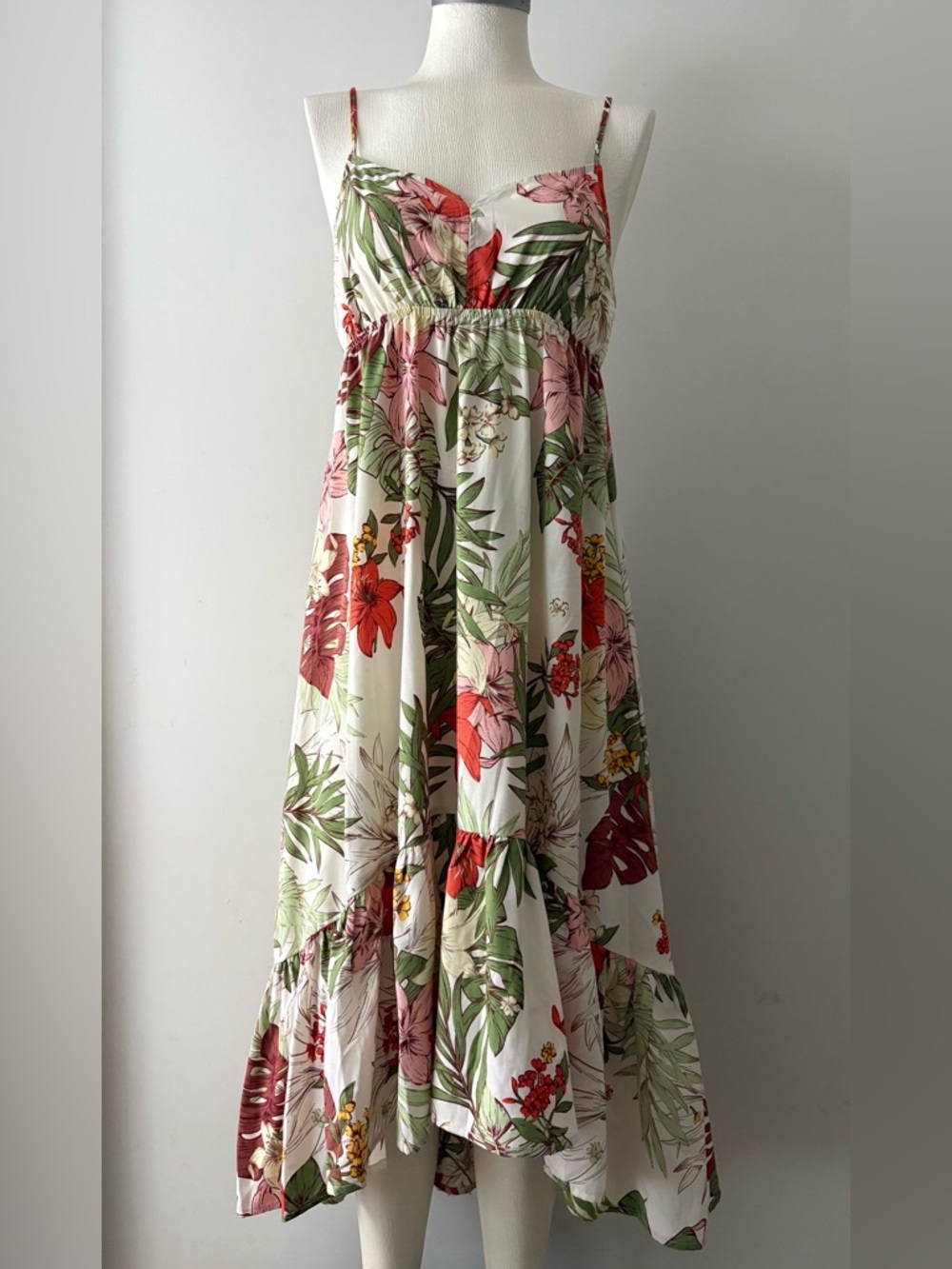 Blush Tropical Floral Spaghetti-Strap Maxi Dress in Cream, Pink & Green